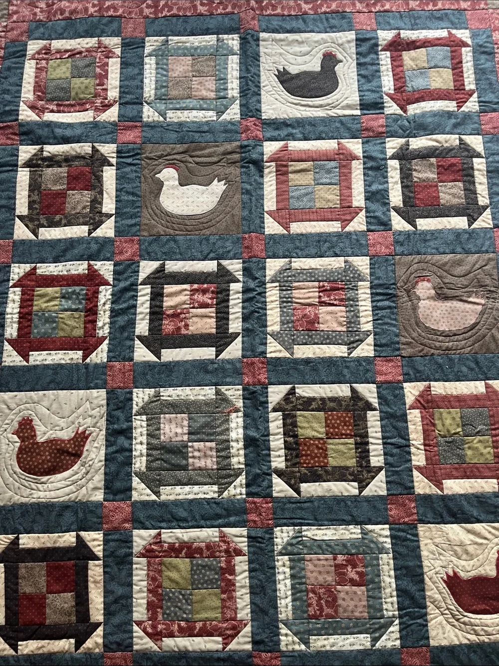 Handmade Hen House Quilt 51” x 61” Made by Maria Umhey